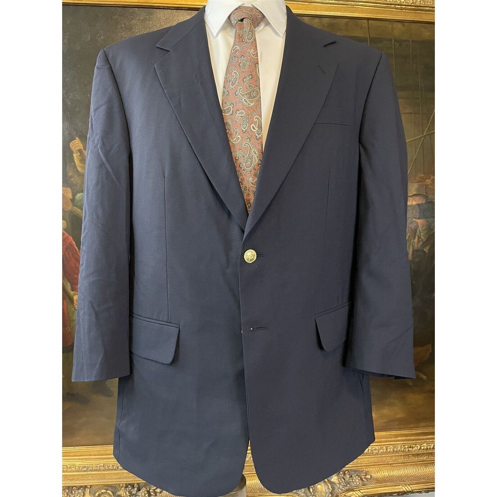 VTG New Castle & York 42R Gold‎ Button Navy Blue 100% Wool 2Btn Blazer Jacket